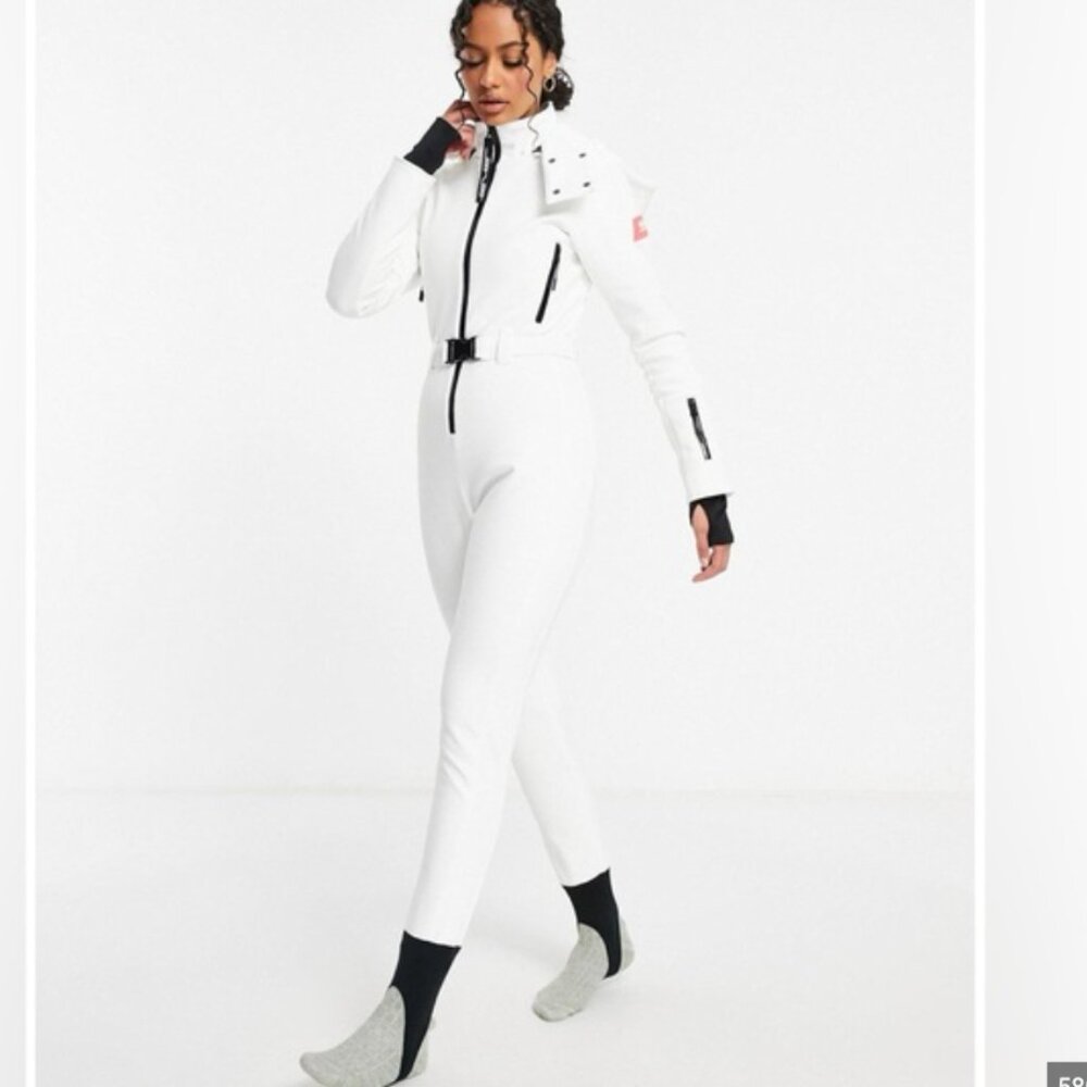 ASOS 455 Ski Fitted Belted Ski Suit With Hood White Size US 4